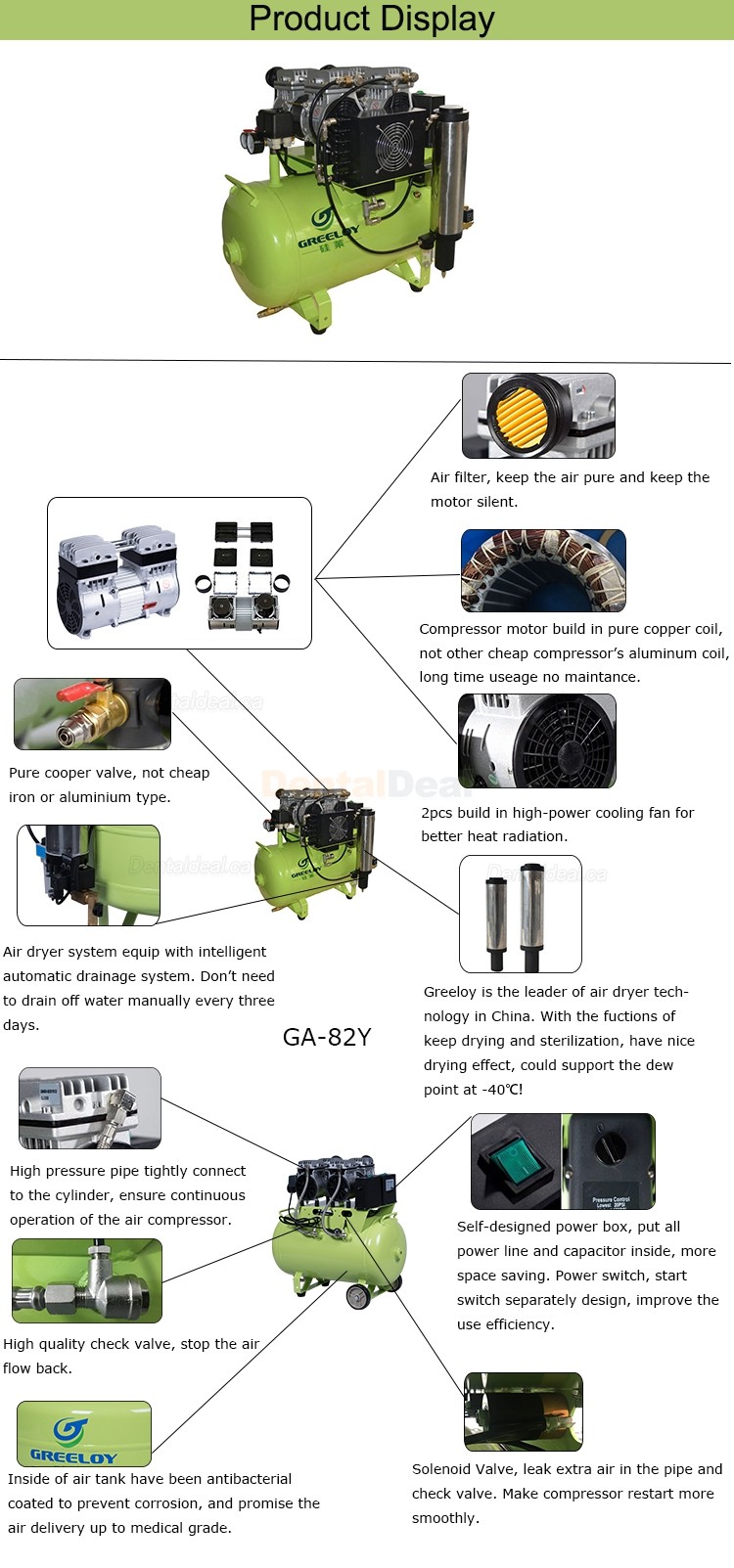 Greeloy&reg; GA-82Y 1600W/2HP Silent Dental Oilless Air Compressor with Dryer
